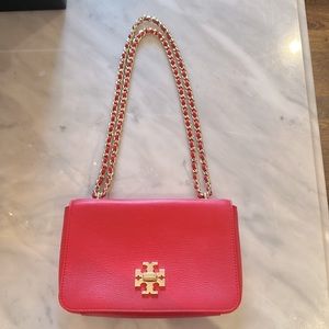 New Red Leather Tory Burch Flap Chain Strap Purse Handbag Shoulder/Crossbody